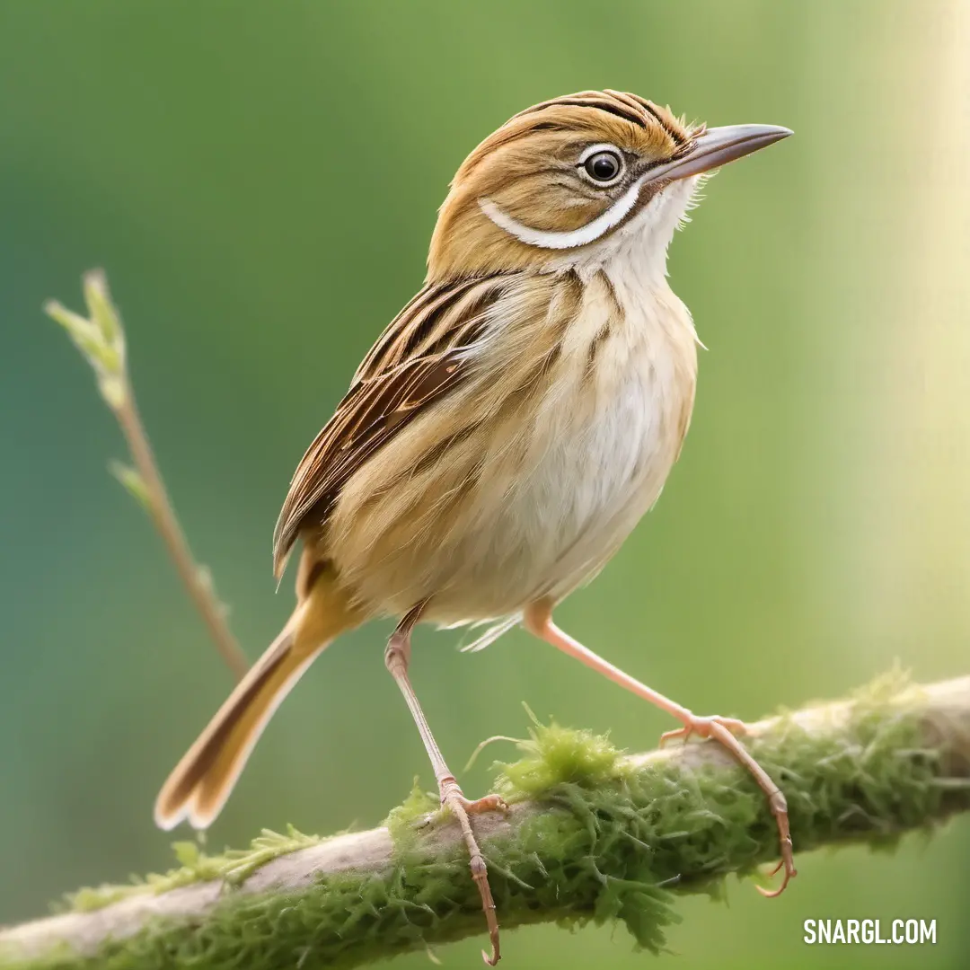 Small Cisticola perched on a branch with a green background