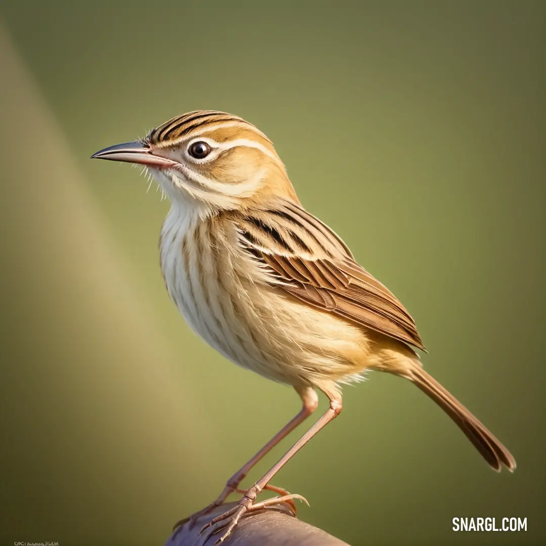 Small Cisticola perched on top of a persons hand with a green background