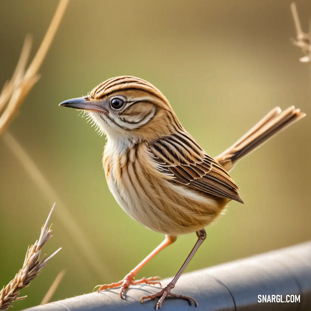 Small Cisticola perched on a metal rail next to dry grass and weeds in the background