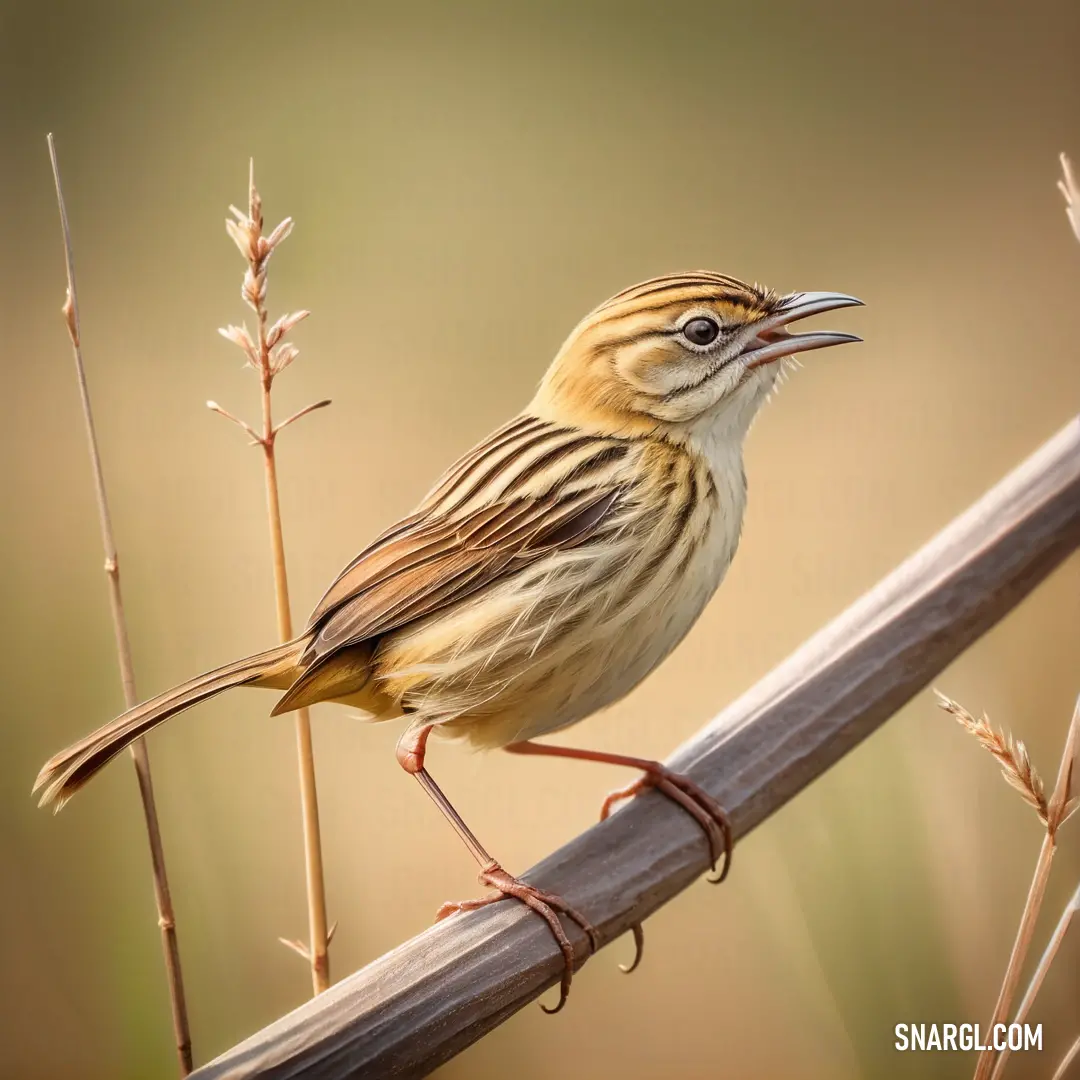 Small Cisticola perched on a thin branch of a plant with a blurry background