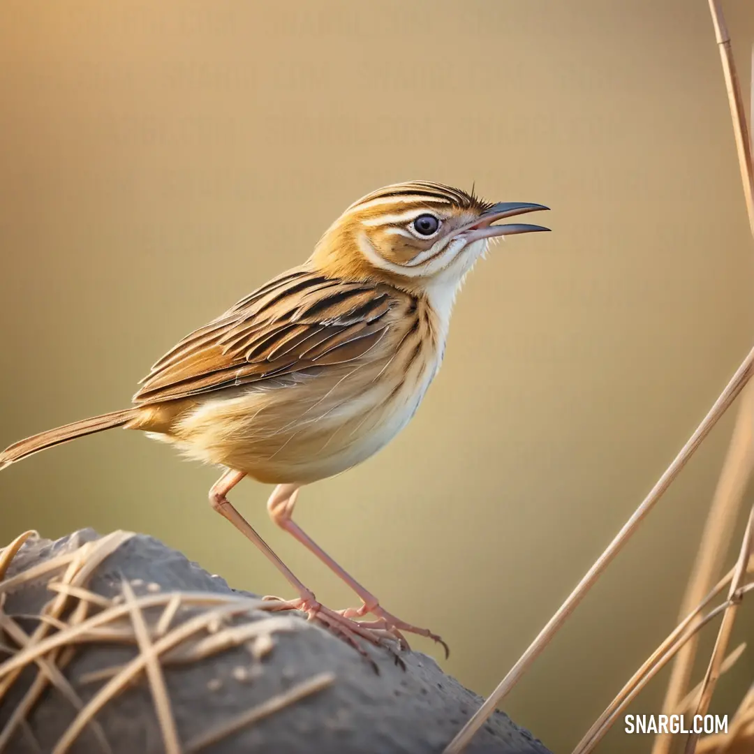 Small Cisticola standing on top of a rock next to a plant stem and grass with a yellow background