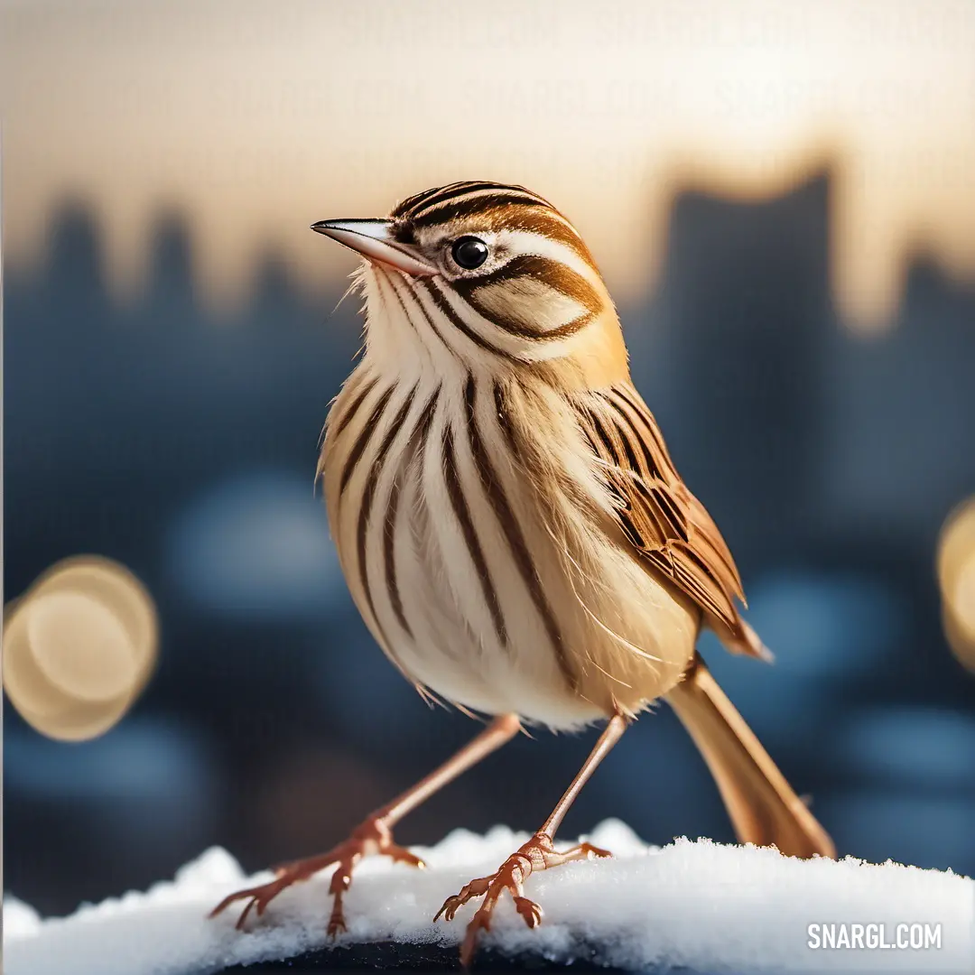 Small Cisticola standing on top of snow covered ground next to a city skyline at night with lights in the background