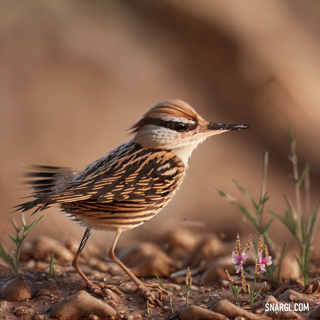 Small Cisticola standing on a rocky ground next to flowers and grass with a blurry background