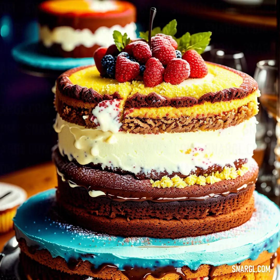 Cake with a few layers and berries on top of it on a table with a glass of champagne