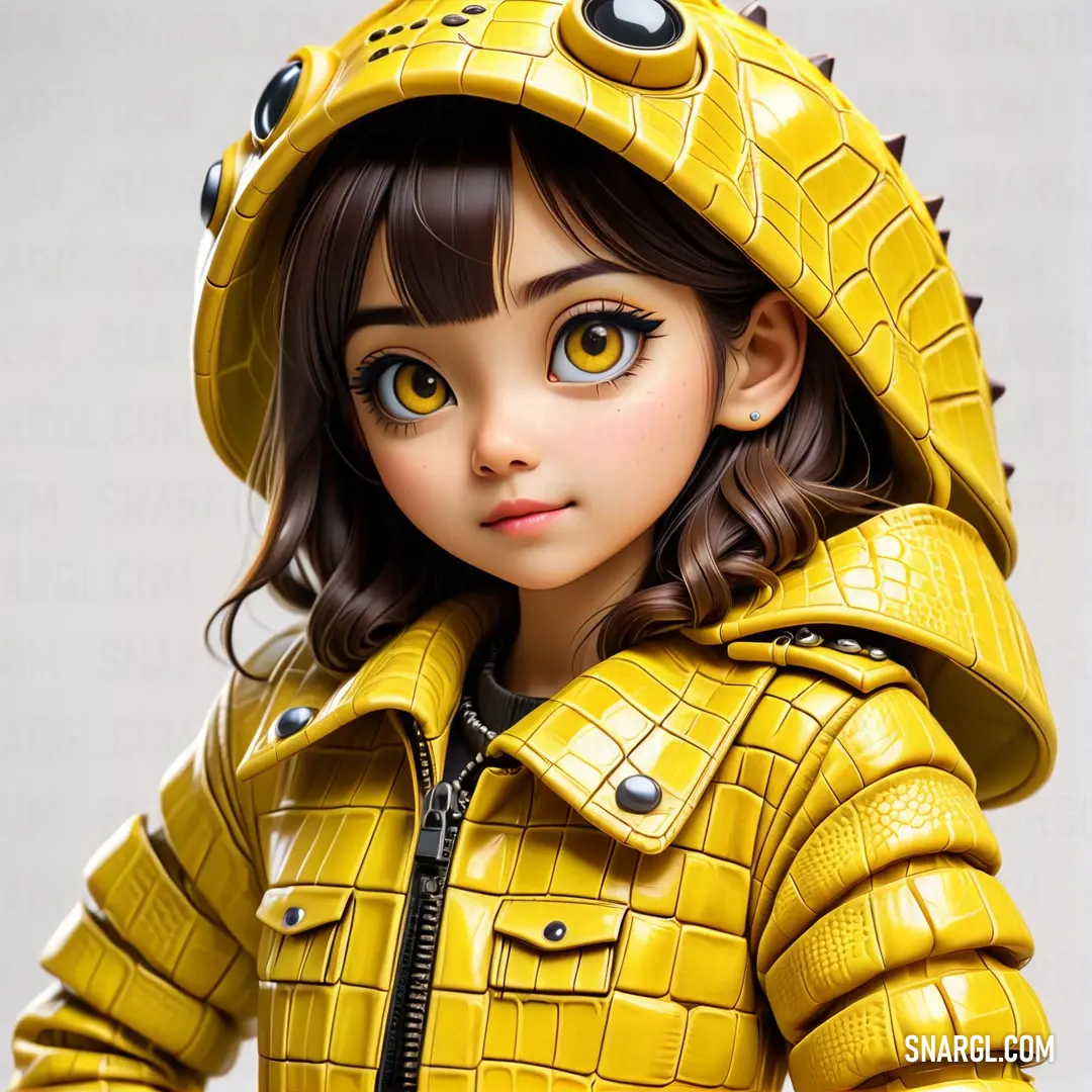 Doll wearing a yellow jacket and a yellow hat with spikes on it's head and eyes. Example of Citrine color.