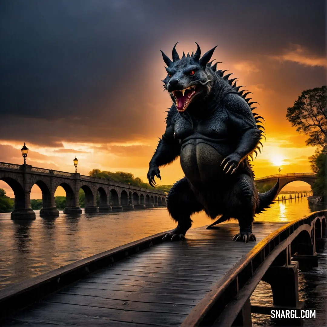 Godzilla statue is standing on a bridge over a river at sunset with a bridge in the background