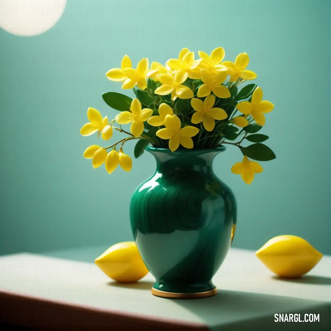Green vase with yellow flowers on a table with lemons on the side of it. Color RGB 228,208,10.