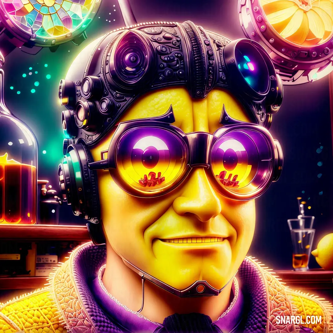 Man wearing headphones and glasses in a room with a clock and a bar in the background with a neon light