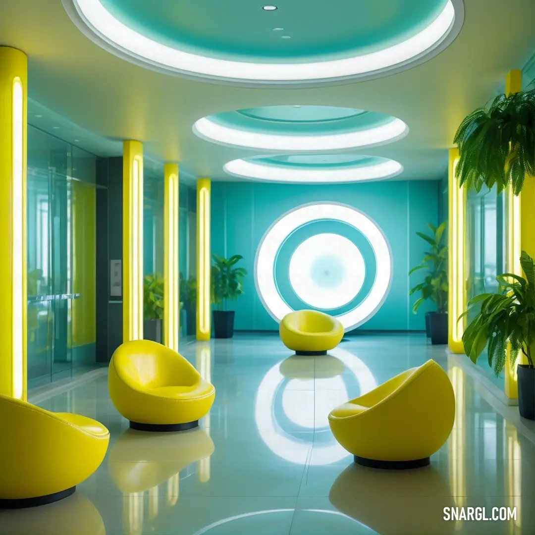 Room with a lot of yellow chairs and plants in it and a circular light fixture above the chairs. Color RGB 228,208,10.