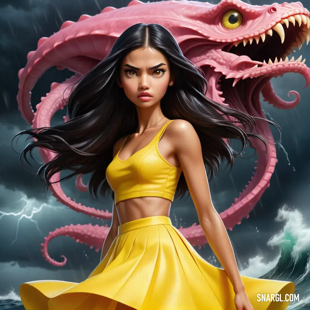 Woman in a yellow dress standing in front of a pink dragon with a lightning behind her. Example of CMYK 0,9,96,11 color.