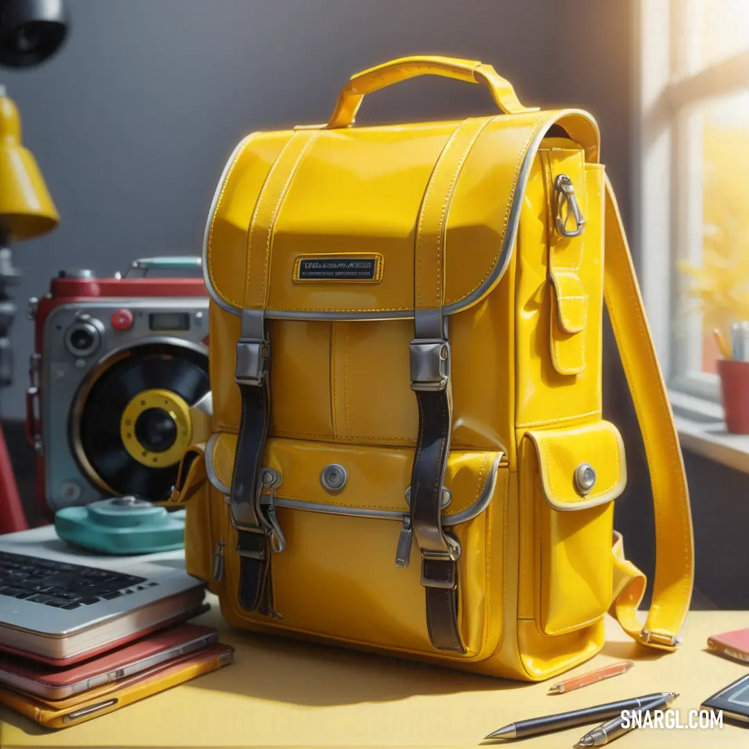 Yellow backpack on top of a desk next to a laptop computer and a pen and a camera. Example of #E4D00A color.