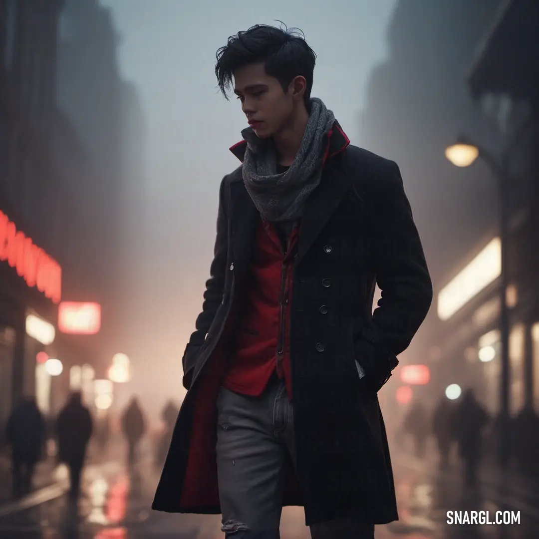 Man in a coat and scarf walking down a street at night with a red light on the building