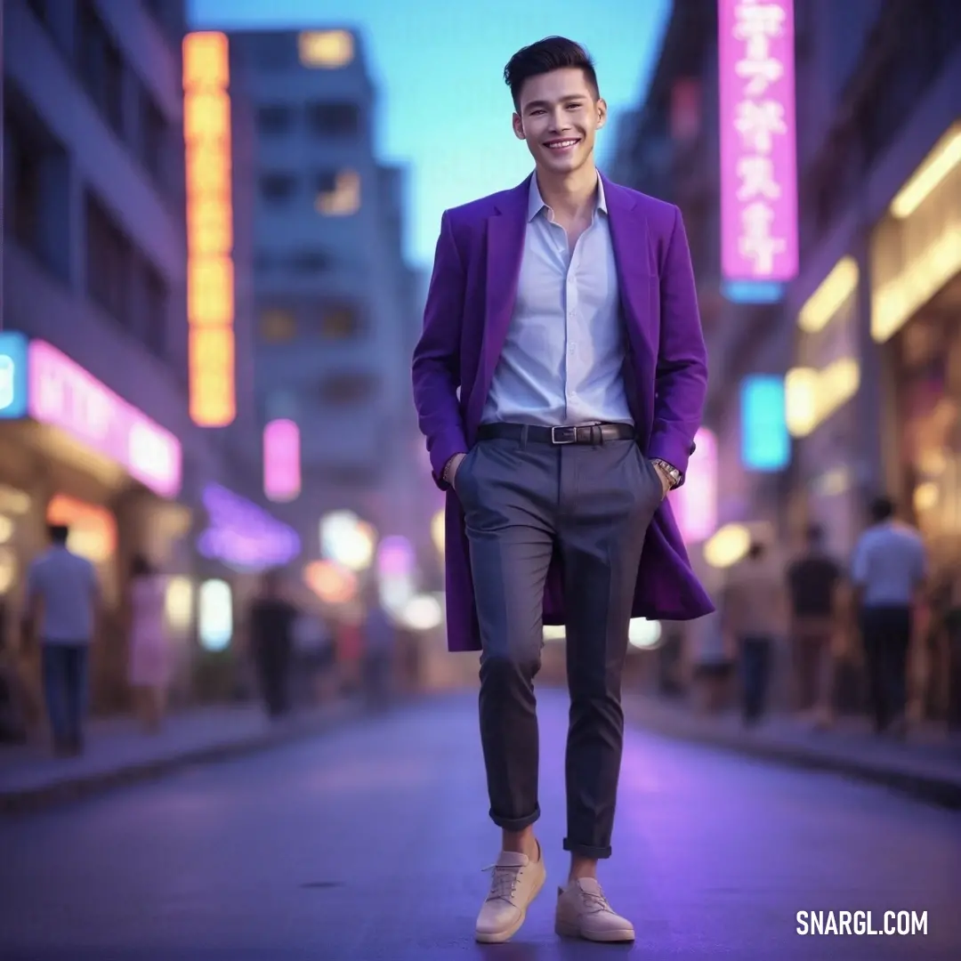 Man in a purple coat is walking down the street in a city at night with neon signs in the background