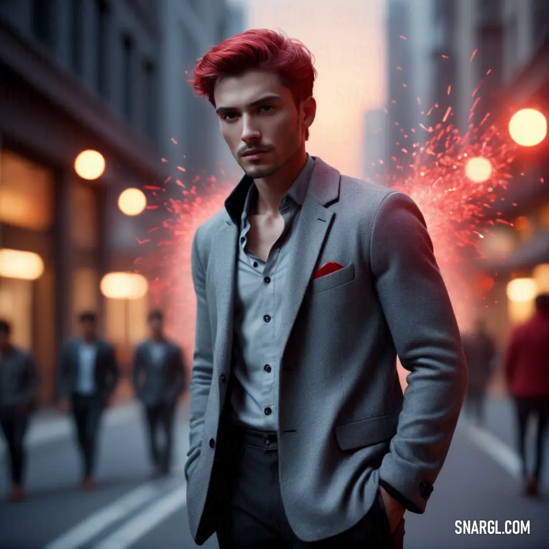 Man in a suit and red hair standing on a street with fireworks in the air above his head