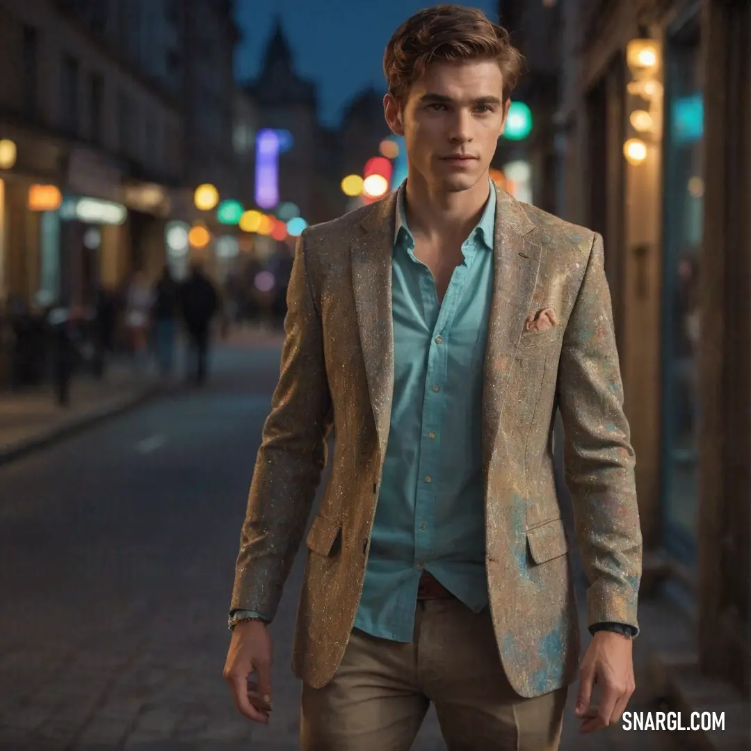 Man in a suit walking down a street at night with a city light in the background