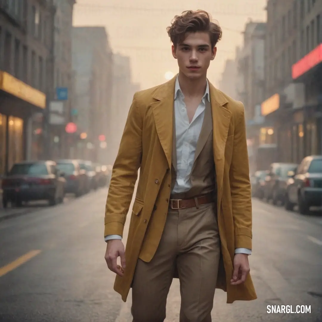 Man in a yellow jacket and tan pants walking down a street in a city at sunset or dawn