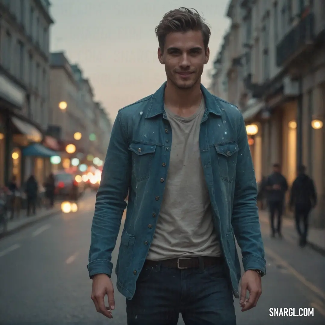 Man standing on a street in a city at dusk with a smile on his face and a blue jean jacket
