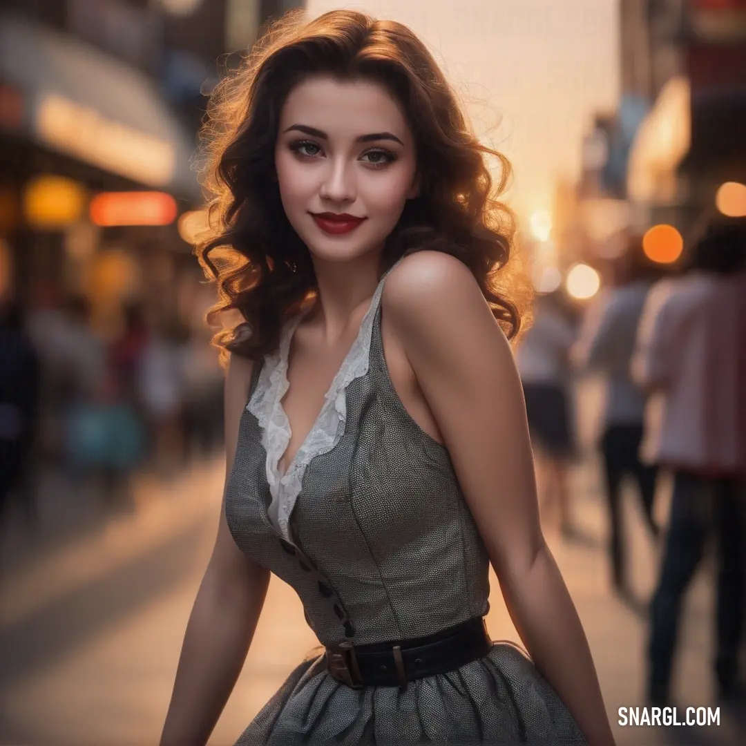 Woman in a dress is standing on a street corner with a city in the background