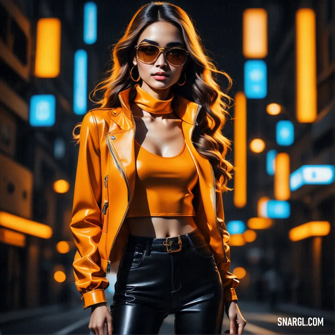 Woman in a yellow top and black pants posing for a picture in a city at night with lights