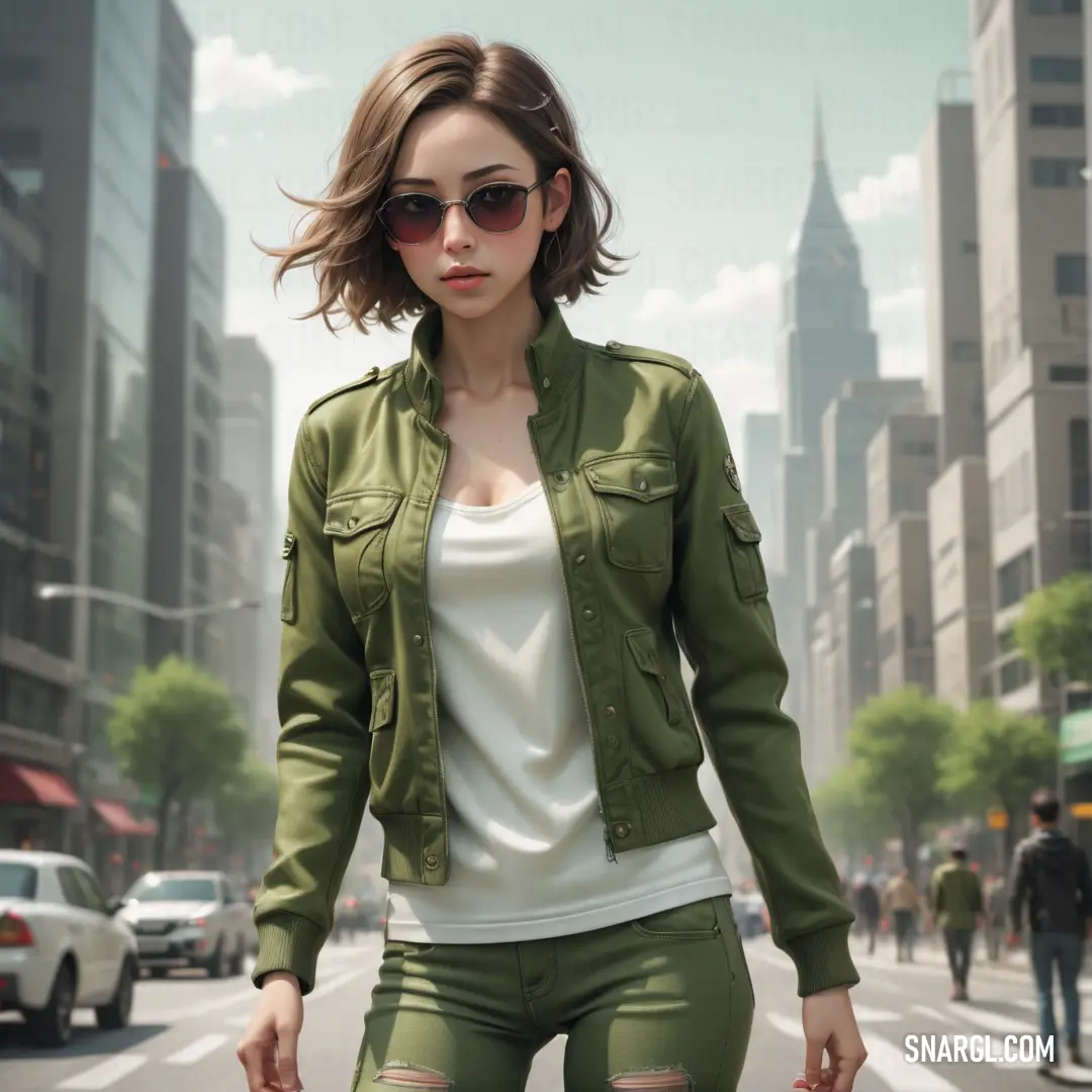 A woman with a suitcase in green pants and a white top walks down a peaceful city street at night, the warm streetlights guiding her way. A woman dressed in green pants and a white top strolls down a quiet street, a suitcase in hand, with the soft glow of streetlights illuminating her path. Her journey is calm and serene against the backdrop of the urban landscape.