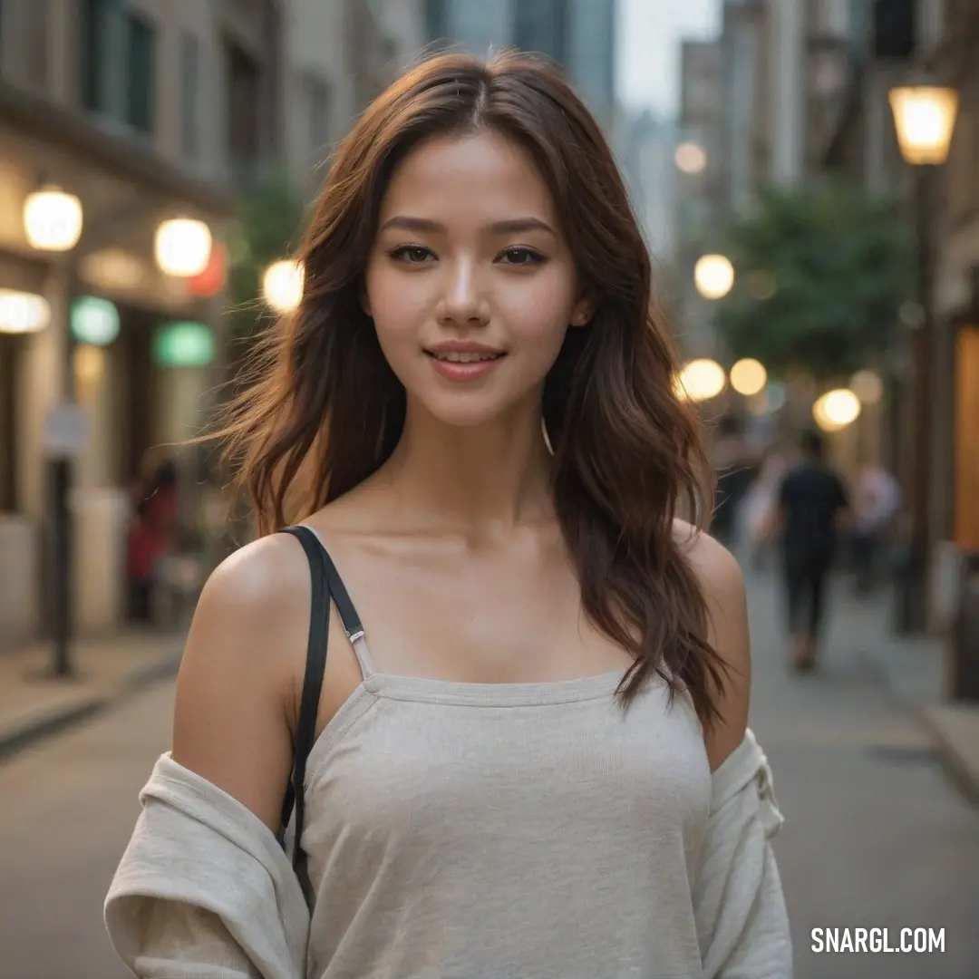 A woman holds a handbag and stands on a bustling city street at night, surrounded by the movement of people and the city’s vibrant lights. A woman stands on the edge of a city street, holding a handbag in her hand. The surrounding urban environment buzzes with the energy of the night, as passing cars and pedestrians bring the street to life in the background.