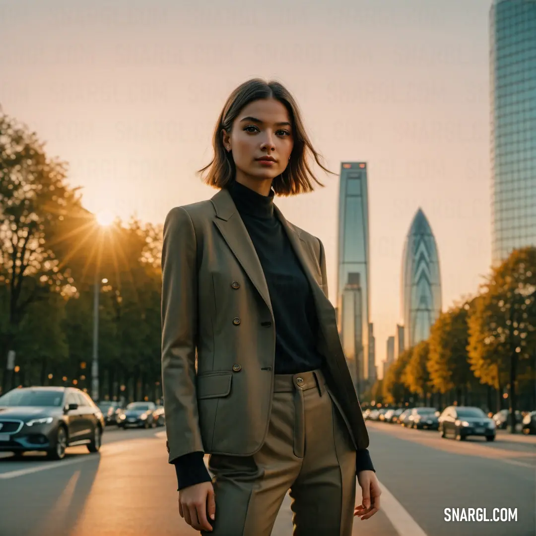 Woman standing on the side of a road in a suit and turtle neck sweater