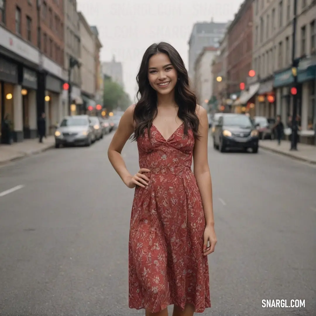 Woman standing on the side of a street in a dress and heels smiling at the camera