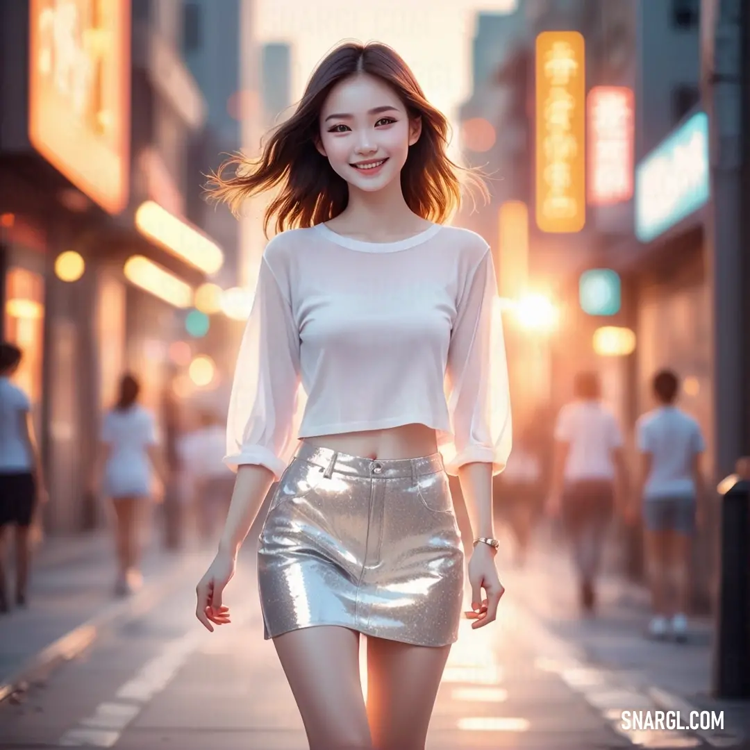 Woman walking down a street in a short skirt and white top with a smile on her face