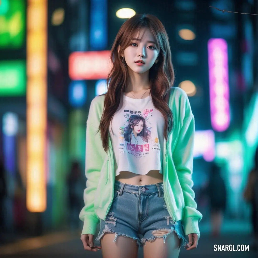 Young woman standing on a street at night with neon lights behind her and a t - shirt with a picture of a woman on it