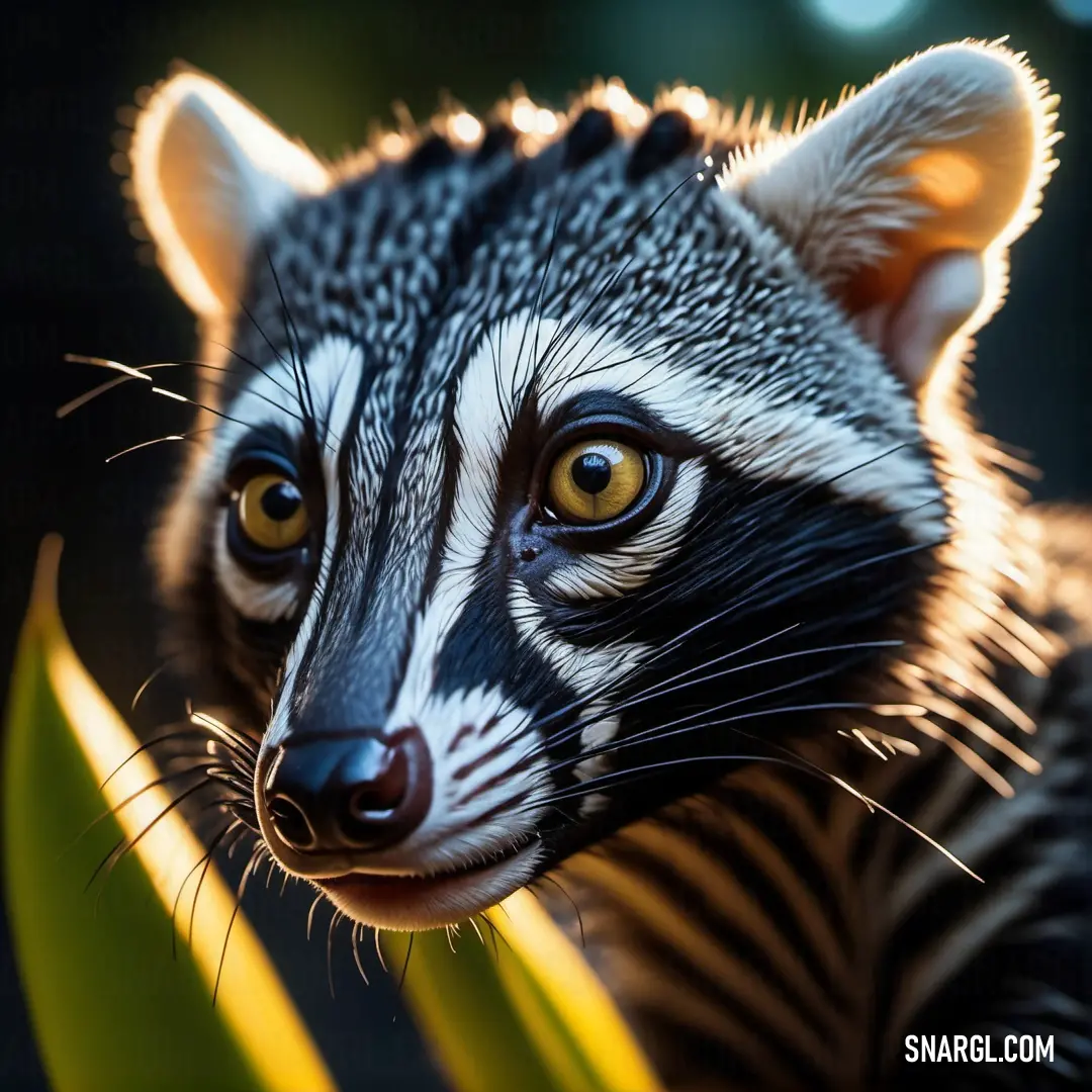 Close up of a Civet with a plant in the background
