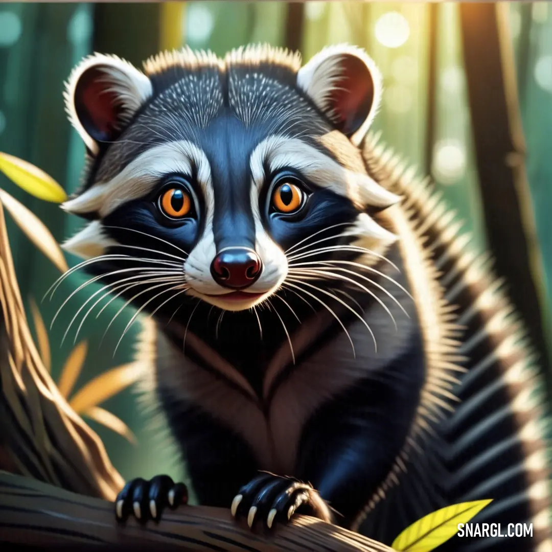 Painting of a Civet on a tree branch with a blurry background