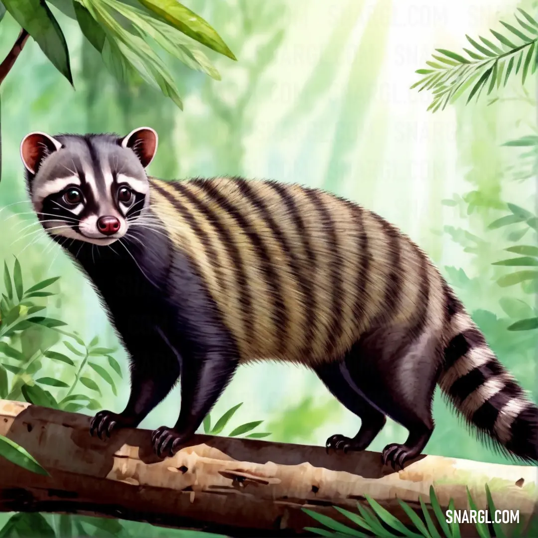 Painting of a Civet on a tree branch in a jungle setting with leaves and plants around it