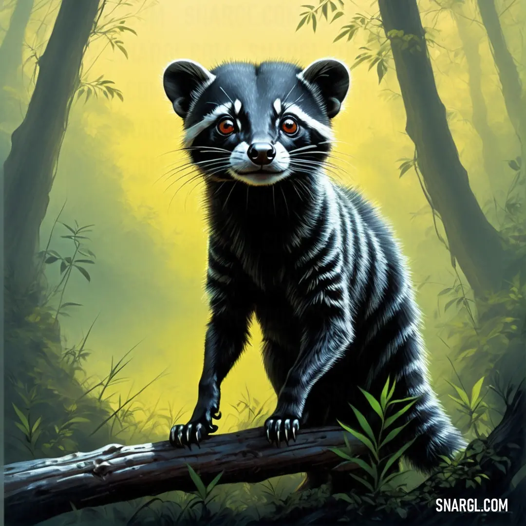 Painting of a Civet on a log in a forest with yellow background