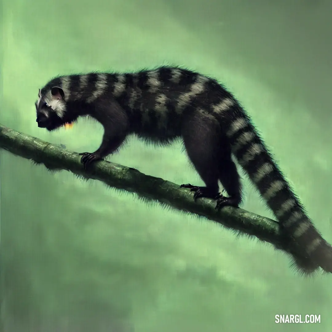 Painting of a striped Civet on a branch with a green background
