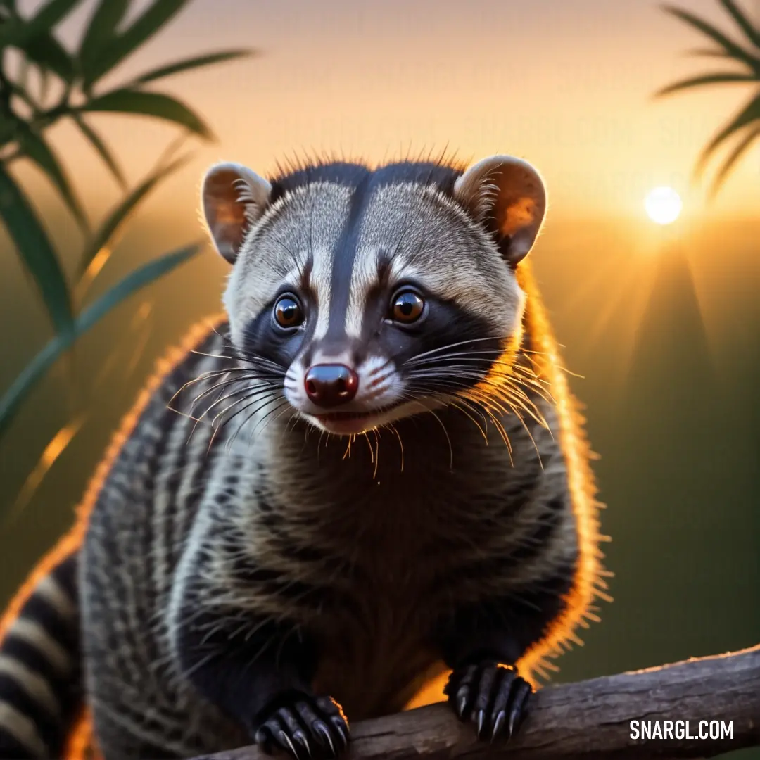 Civet is on a branch with the sun in the background