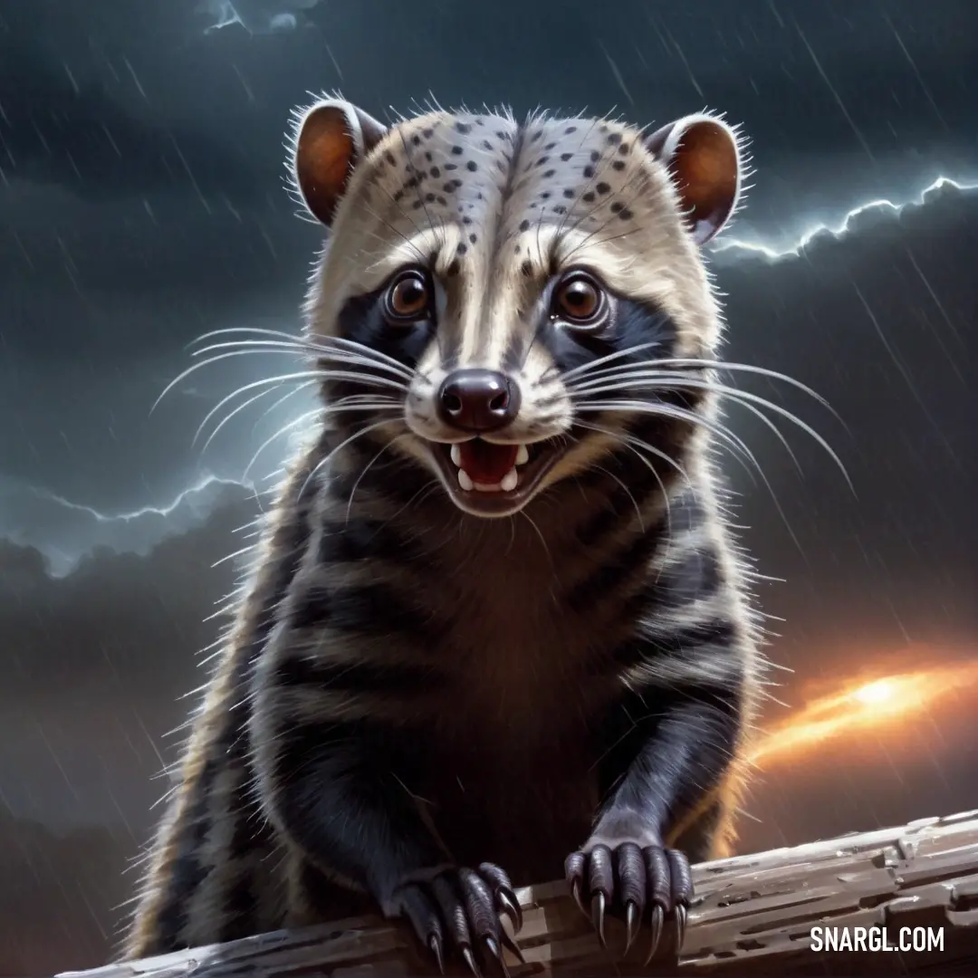 Civet is standing on a fence in the rain and it's mouth is open and it's teeth are wide open