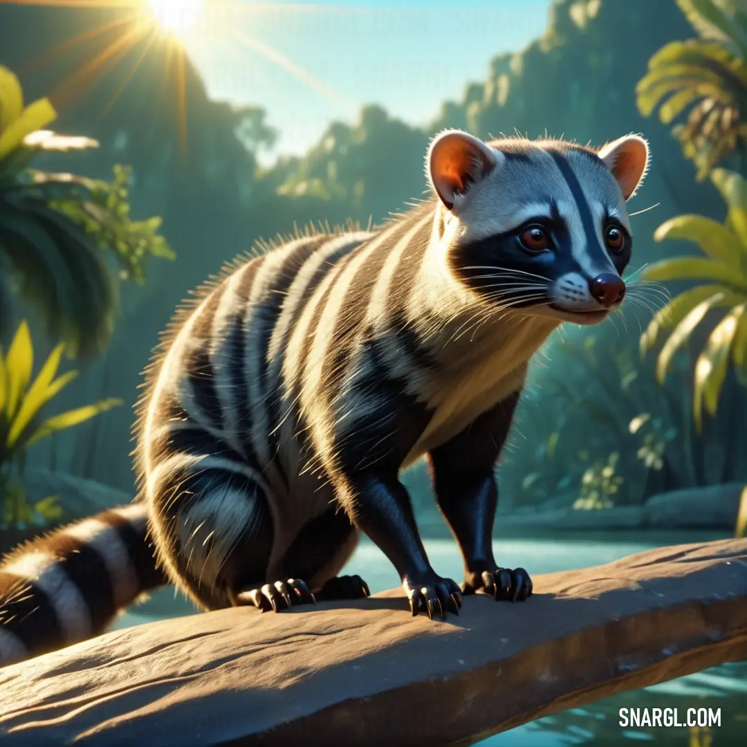 Civet is standing on a log in a jungle setting with palm trees and a river in the background