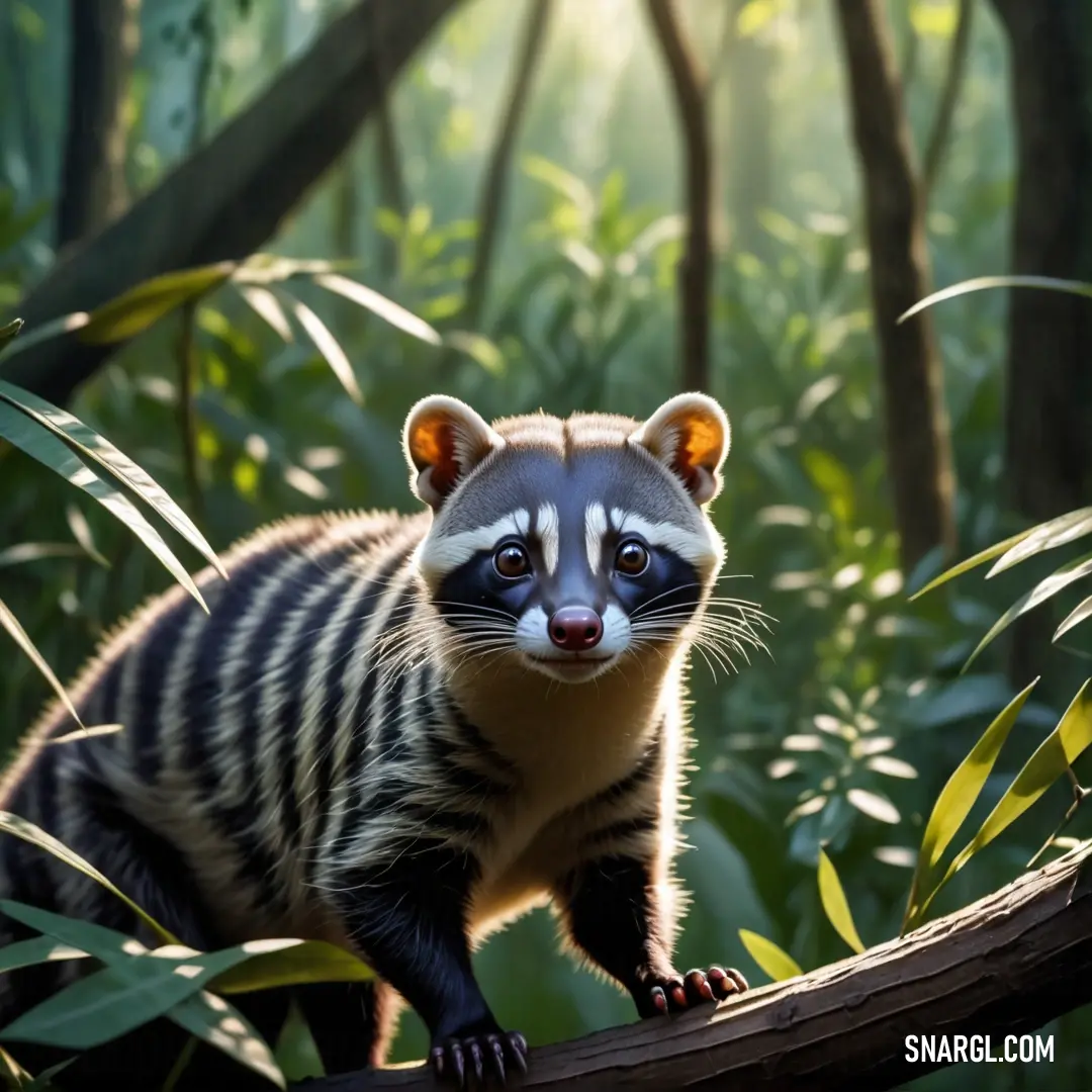 Civet is standing on a branch in the woods looking at the camera with a blurry background