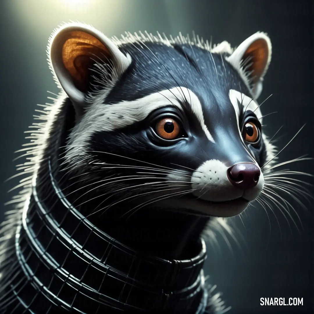 Civet wearing a leather collar and looking at the camera with a light shining on it's face