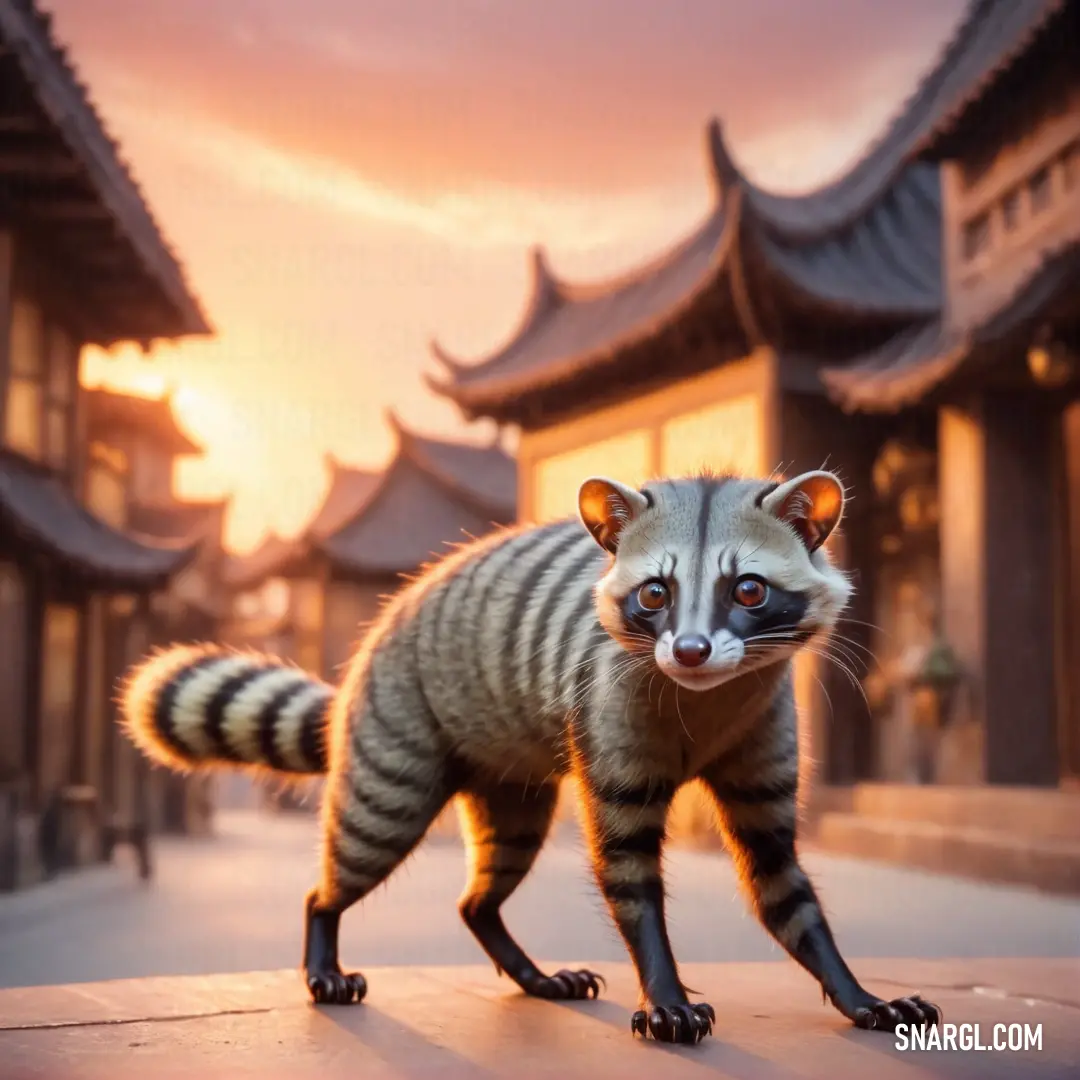 Small Civet standing on top of a sidewalk next to a building at sunset or dawn with a red sky