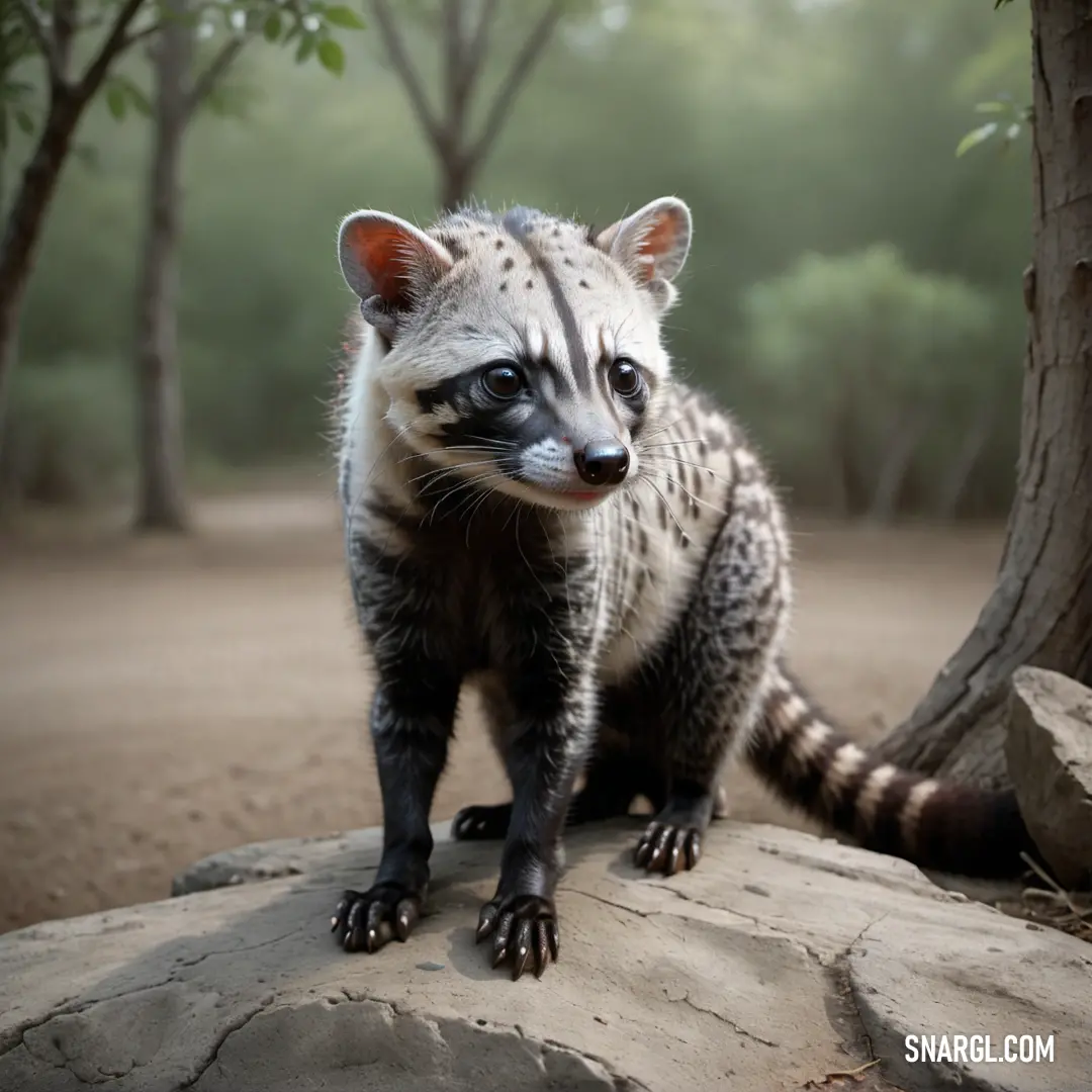 Small Civet standing on top of a rock near a tree trunk and a tree trunk with a small face