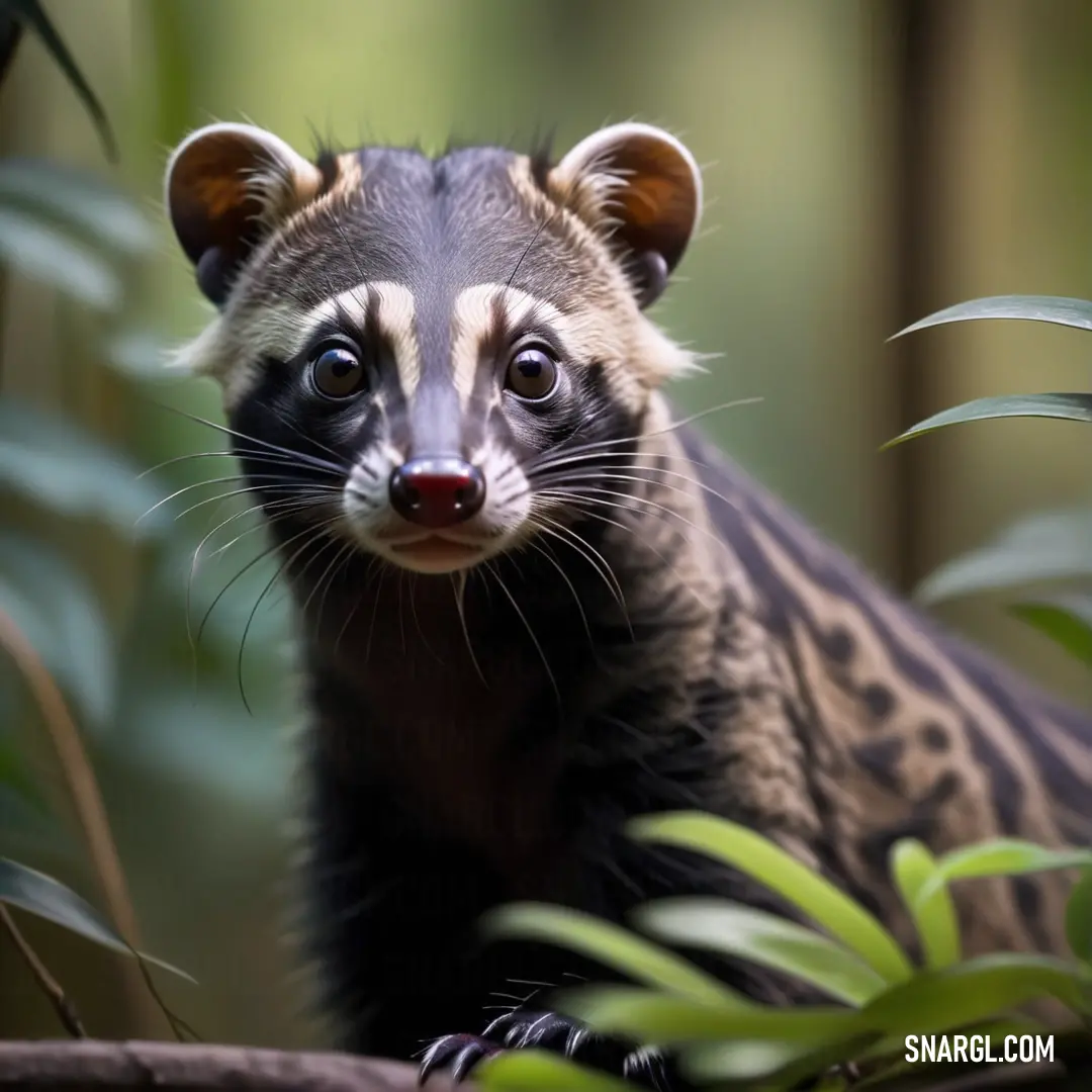 Small Civet with a black face and a brown nose and a green background