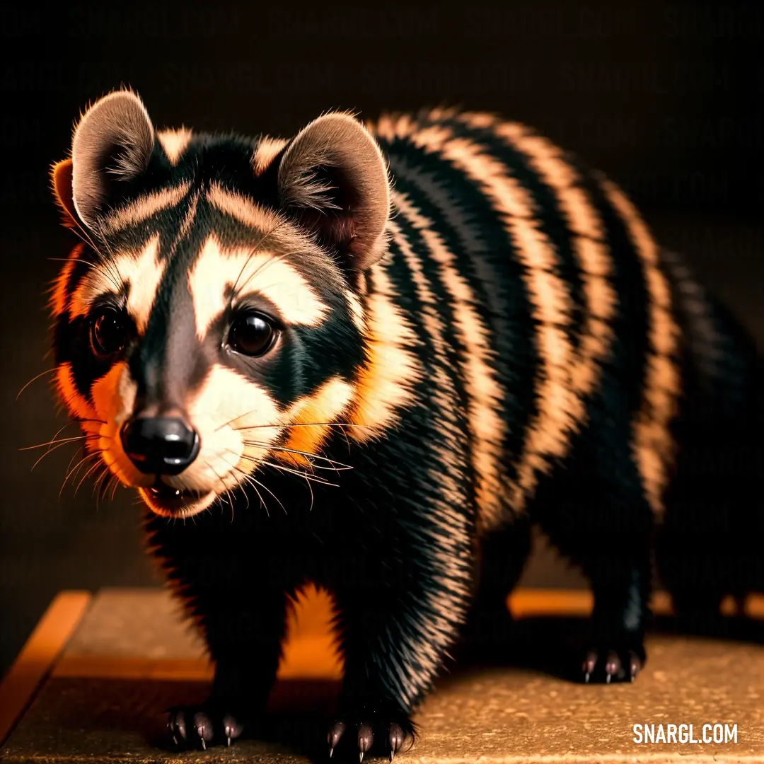Small Civet with a striped coat on it's face and a black nose and tail