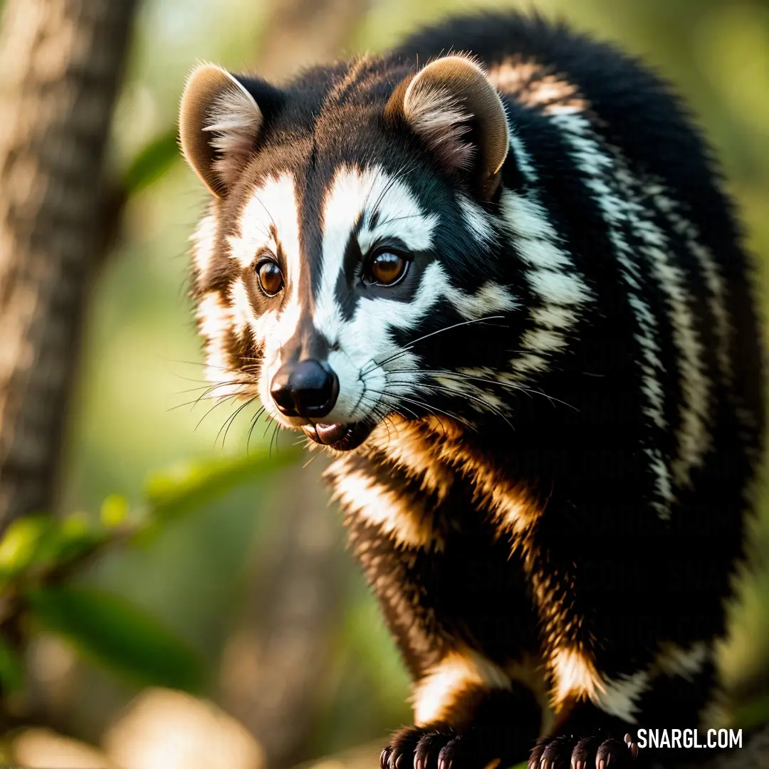Striped Civet standing on a tree branch in the woods