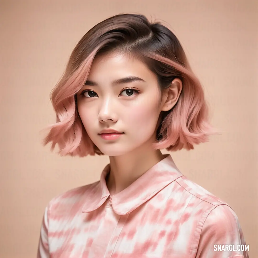 Woman with pink hair and a pink shirt is posing for a picture. Color CMYK 0,19,8,2.