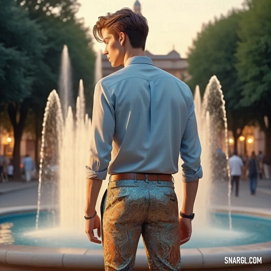 Man standing in front of a fountain with water spouting from it's sides and a building in the background