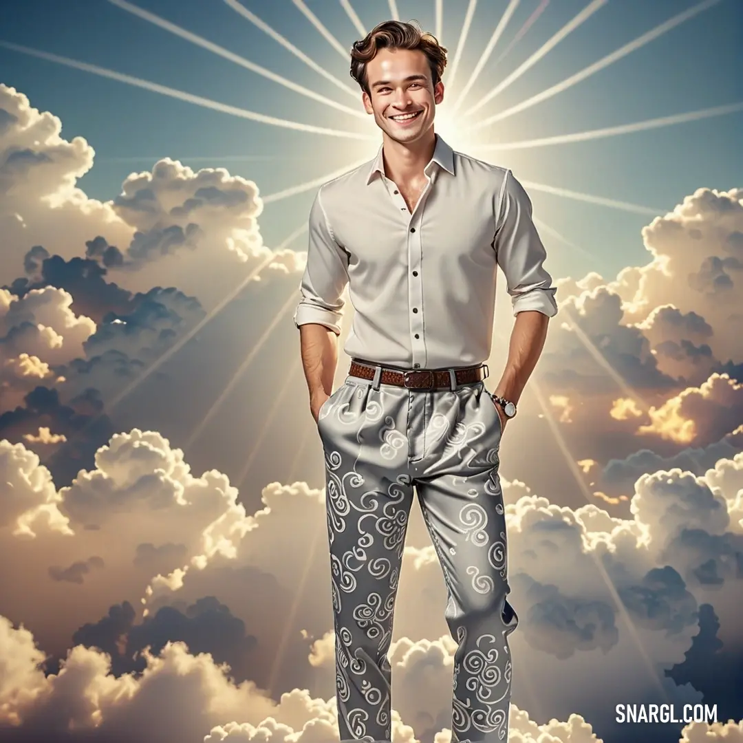 Man standing in the clouds with his hands on his hips and smiling at the camera with a sun shining above him