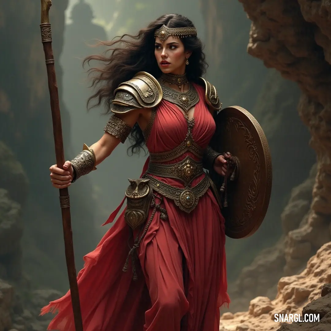A determined warrior garbed in a bold red dress, brandishing a spear and shield amidst rocky cave surroundings, exuding an aura of bravery and resilience. A courageous heroine in a vibrant red dress stands resolute, clutching a spear and shield, surrounded by rugged rocks in a cave-like setting, evoking a sense of mystery and unyielding strength in the face of danger.