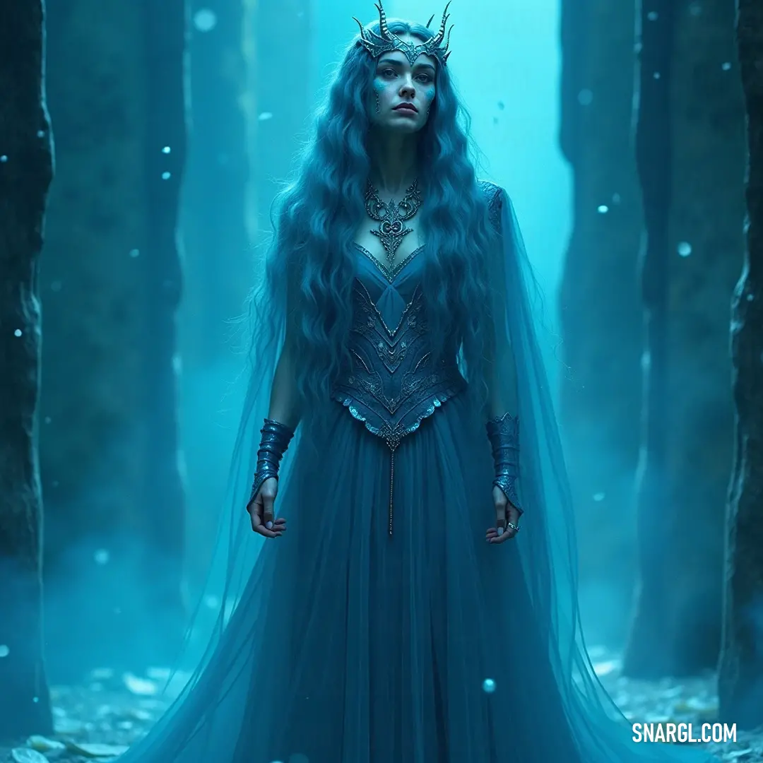 Clepsydra in a flowing blue dress surrounded by the serene beauty of a forest, crowned as queen of this magical realm. A mystical figure, Clepsydra, adorned in a flowing blue dress, gracefully stands amidst an enchanting forest, where dappled sunlight filters through the trees, and a delicate crown rests atop her head, symbolizing her royal presence in this serene landsca