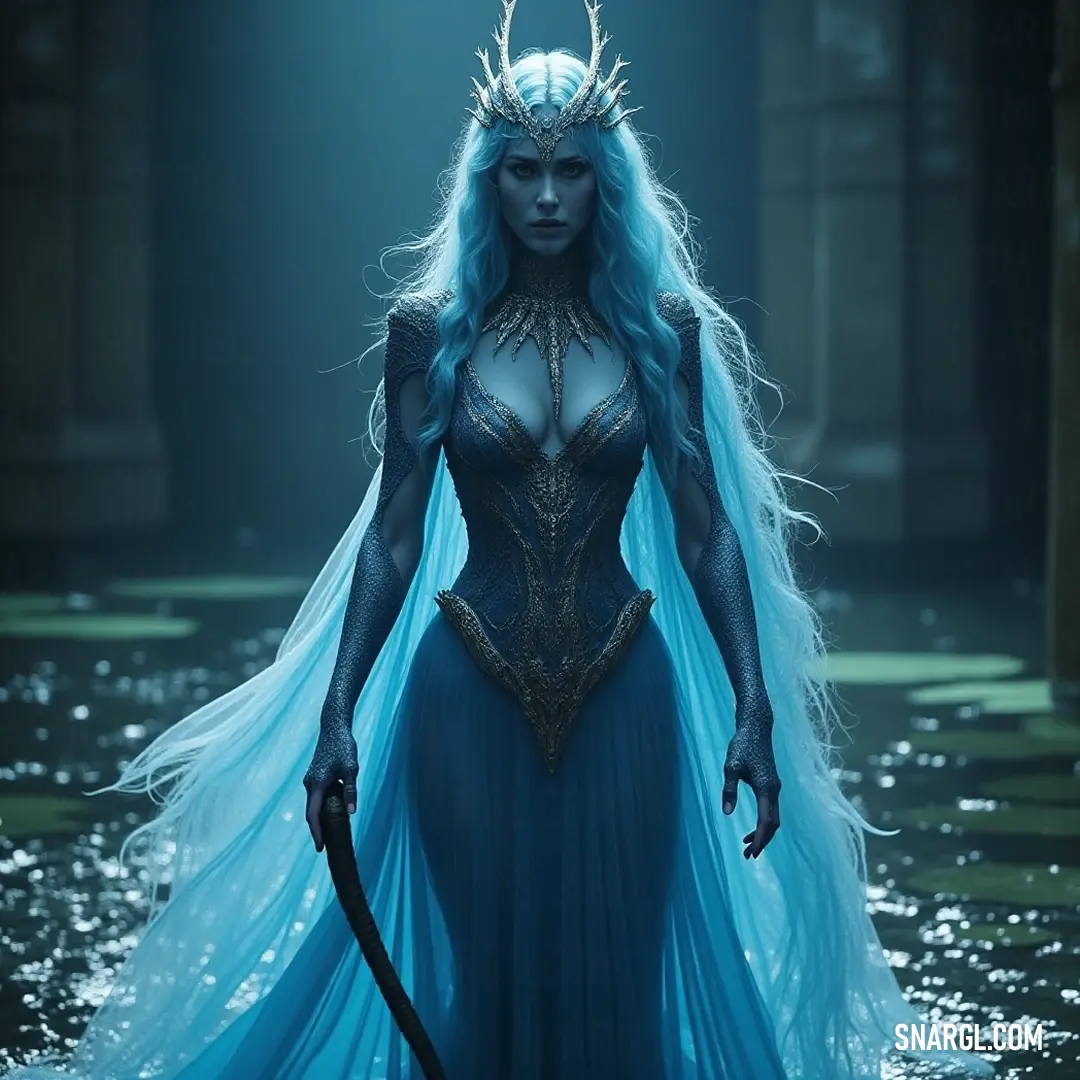 Adorned in a regal blue dress, Clepsydra stands proud, clutching a sword in one hand while a sparkling crown decorates her head. The elegance of her pose reflects her strength, framed against an ethereal backdrop of twilight.
